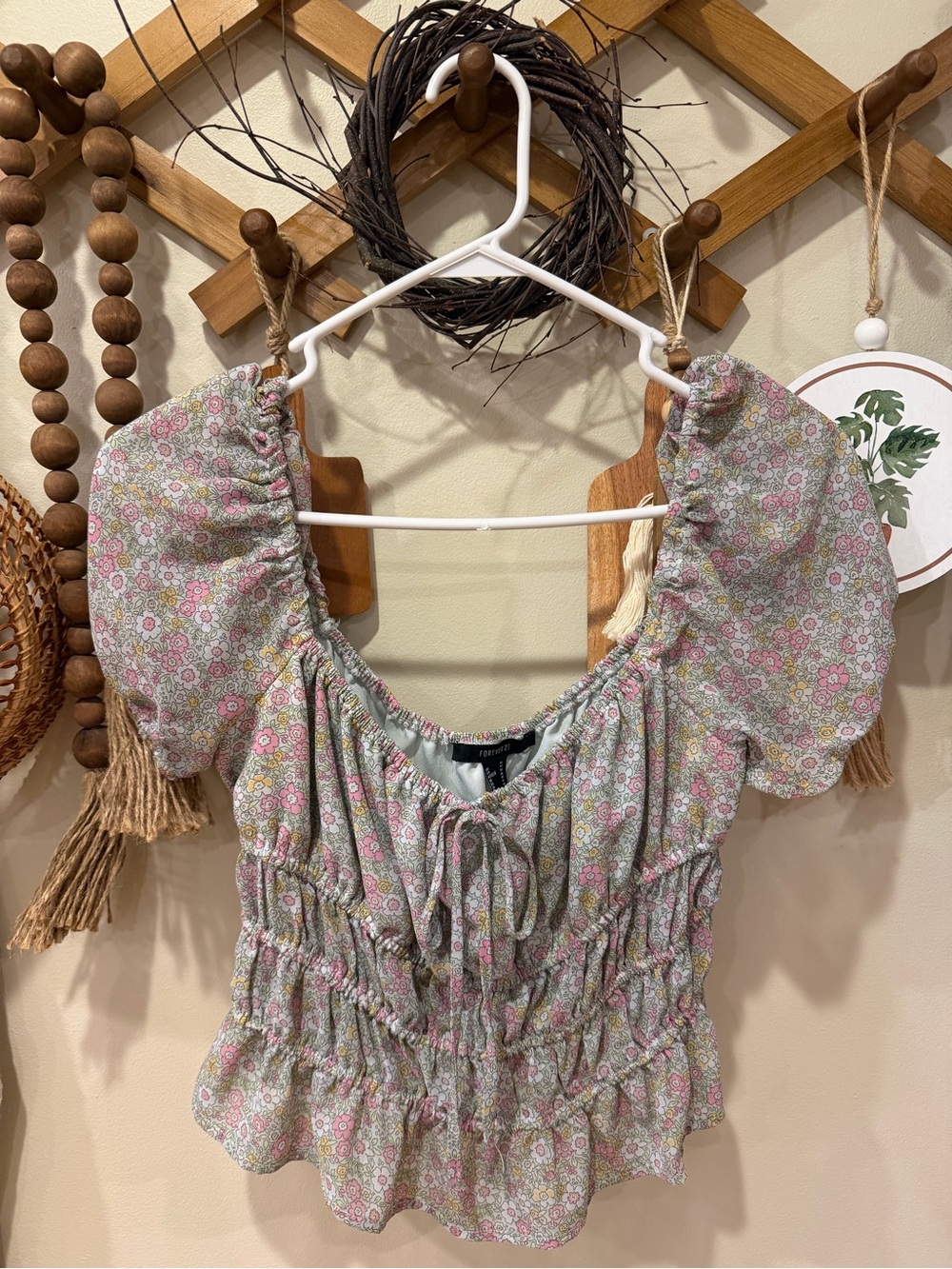 Forever 21 Pink and Sage Floral Puff-Sleeve Smocked Peplum Top
